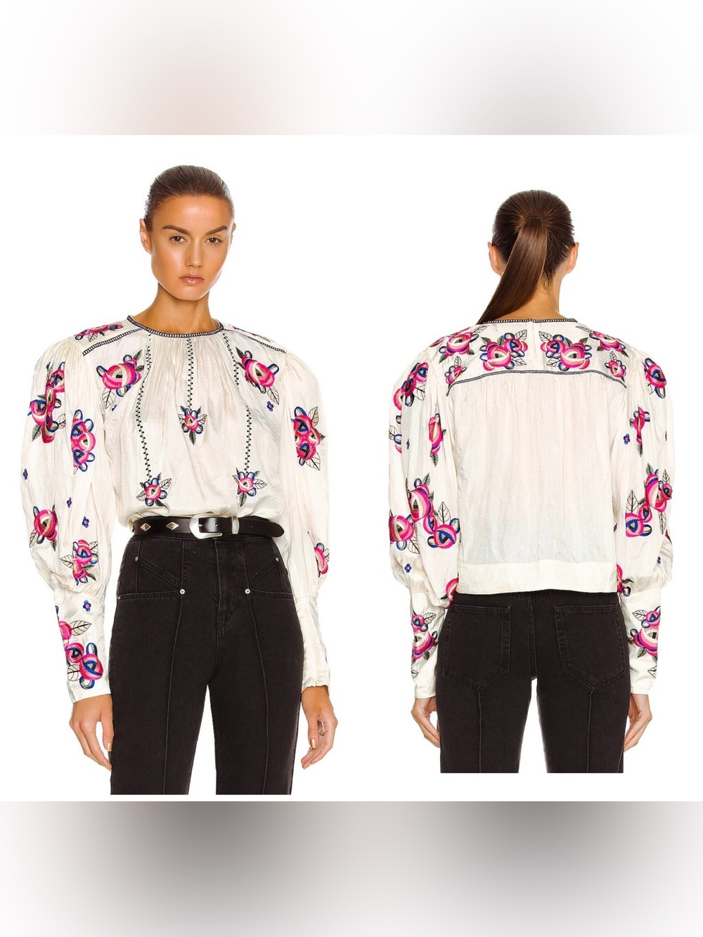 ISABEL MARANT Silk Ciameli Embroidered Floral Puff Sleeves Boho Top Ivory sz 44